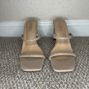 XOXO Women's Beige Heeled Sandals with Rhinestone Straps